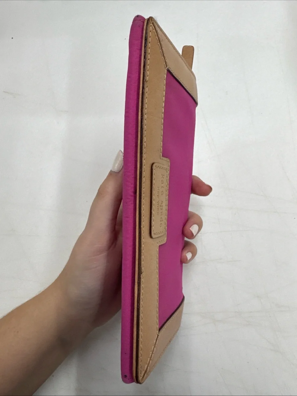 Kate Spade Hot Pink Canvas Tan Vachetta Leather Long Wallet Money Card Holder